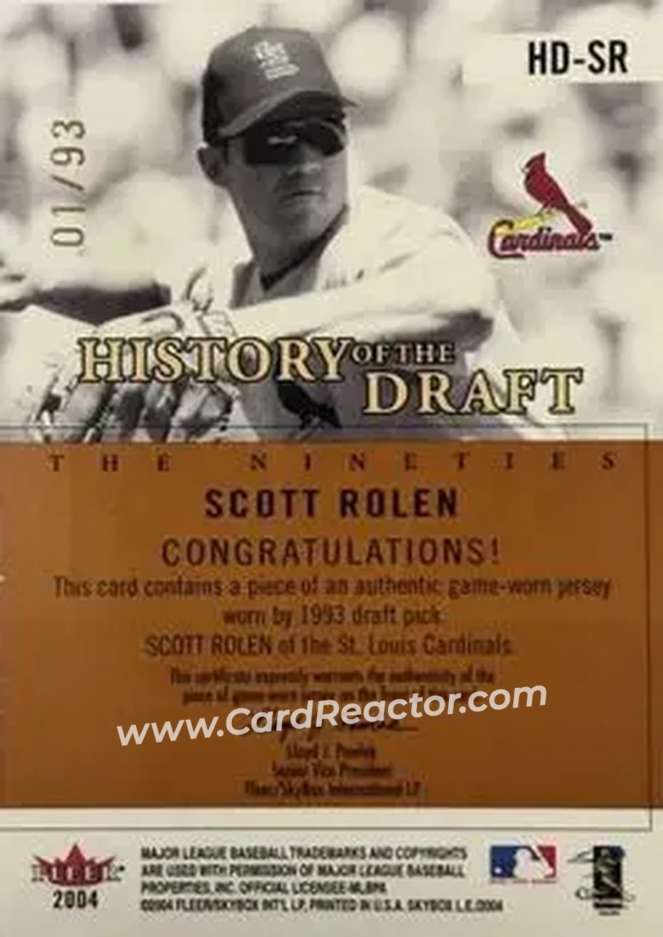 2004 SkyBox LE - History Draft 90's Jersey #HD-SR - Scott Rolen - St. Louis Cardinals - Back