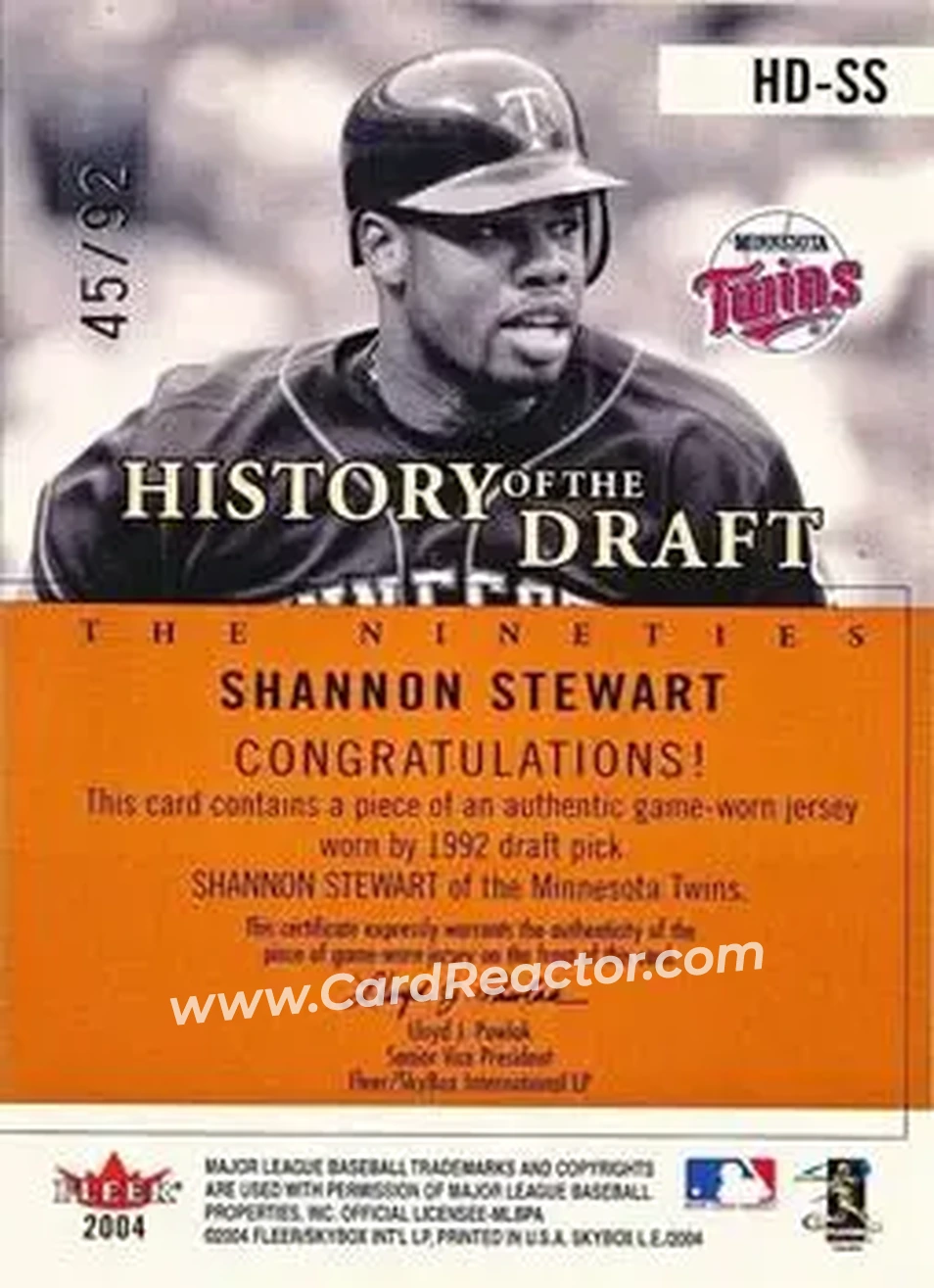 2004 SkyBox LE - History Draft 90's Jersey #HD-SS - Shannon Stewart - Minnesota Twins - Back