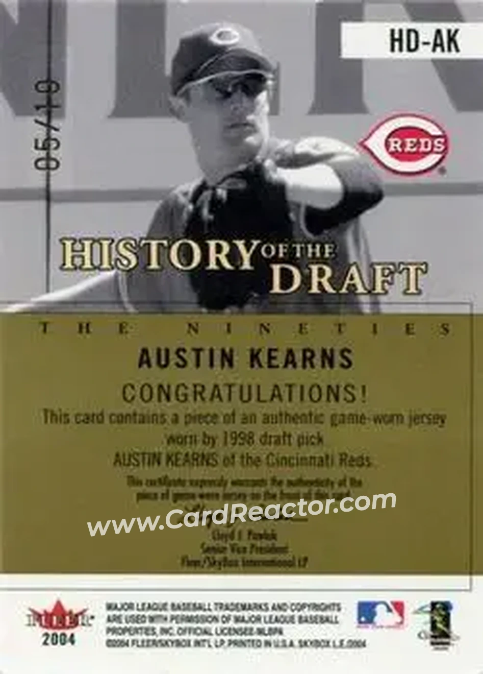 2004 SkyBox LE - History Draft 90's Jersey Gold #HD-AK - Austin Kearns - Cincinnati Reds - Back