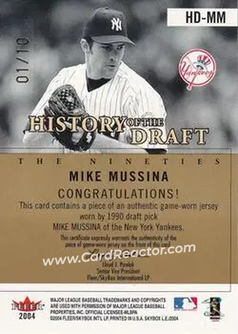 2004 SkyBox LE - History Draft 90's Jersey Gold #HD-MM - Mike Mussina - New York Yankees - Back