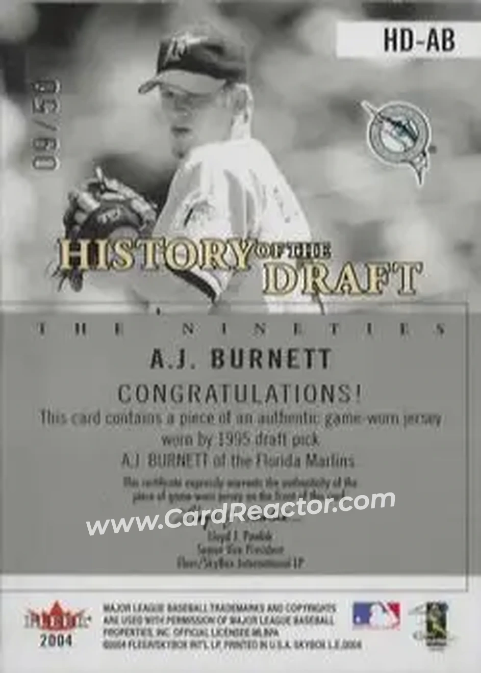 2004 SkyBox LE - History Draft 90's Jersey Silver #HD-AB - A.J. Burnett - Florida Marlins - Back