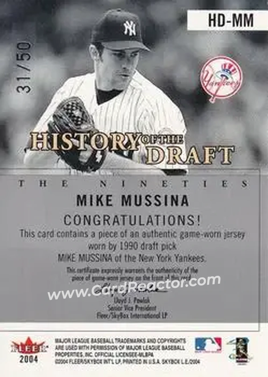 2004 SkyBox LE - History Draft 90's Jersey Silver #HD-MM - Mike Mussina - New York Yankees - Back