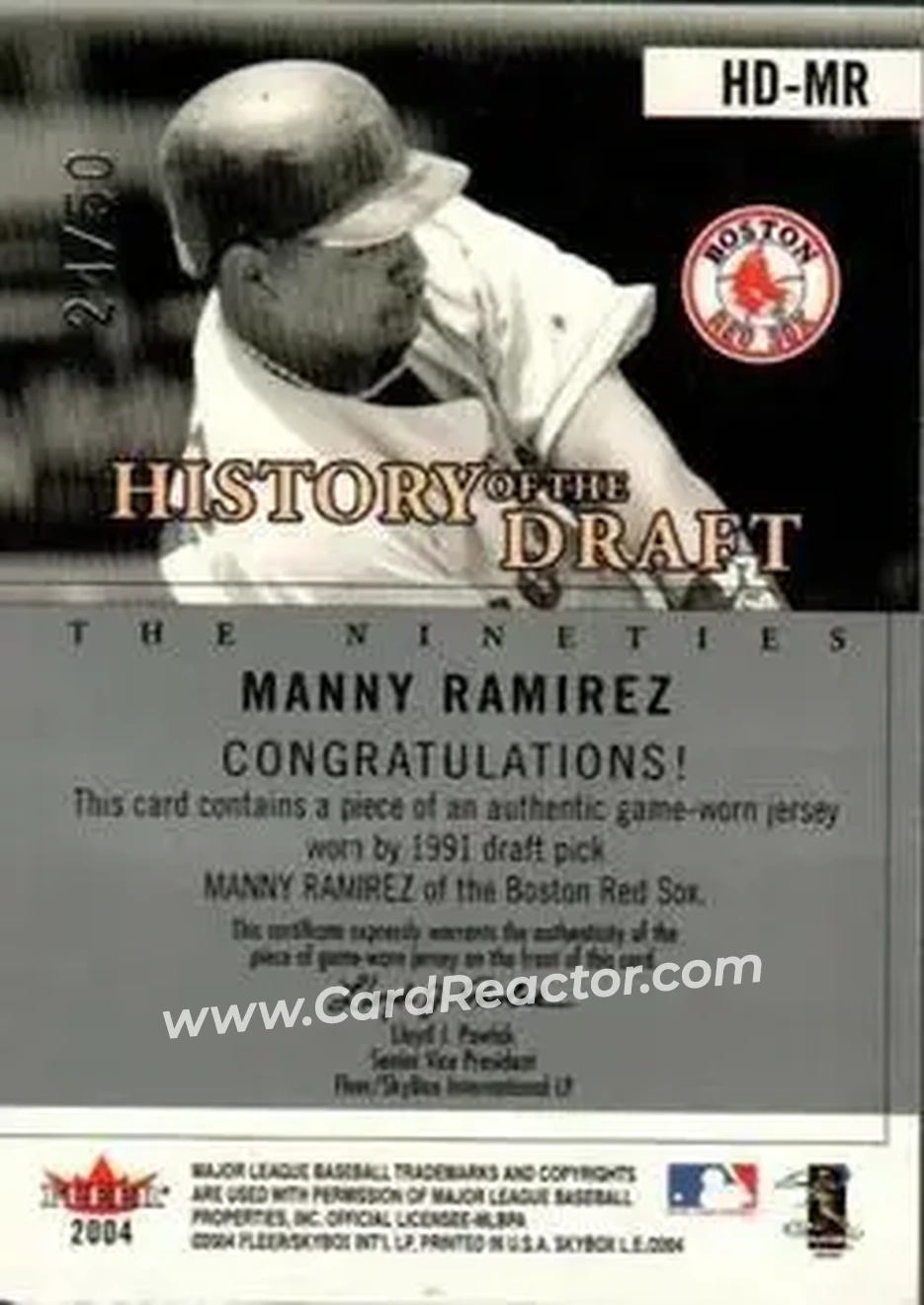 2004 SkyBox LE - History Draft 90's Jersey Silver #HD-MR - Manny Ramirez - Boston Red Sox - Back