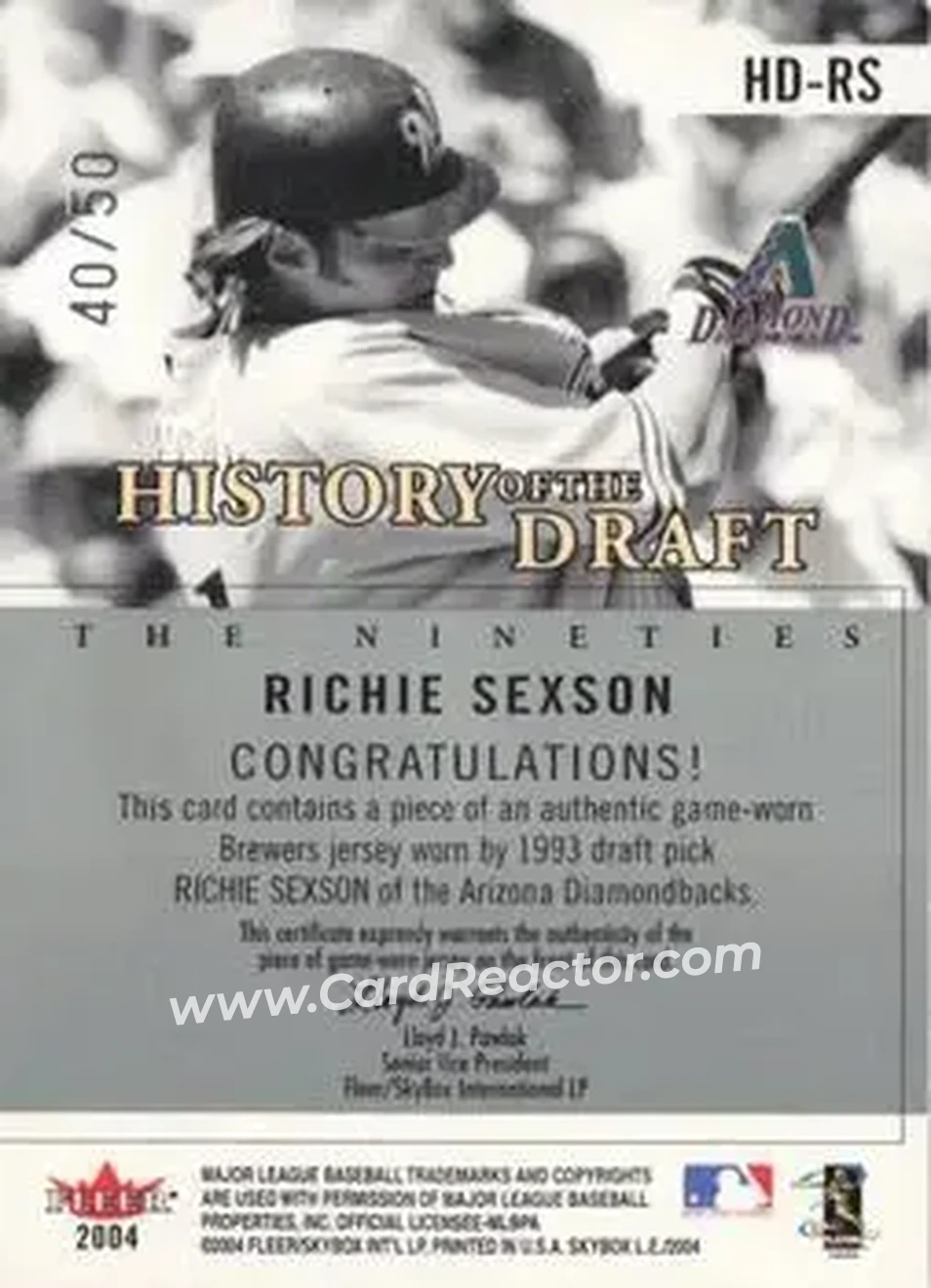 2004 SkyBox LE - History Draft 90's Jersey Silver #HD-RS - Richie Sexson - Arizona Diamondbacks - Back