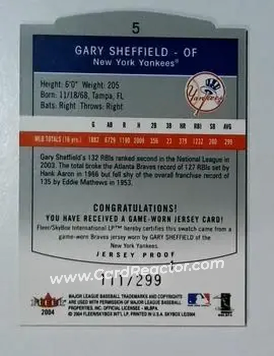 2004 SkyBox LE - Jersey Proof #5 - Gary Sheffield - New York Yankees - Back