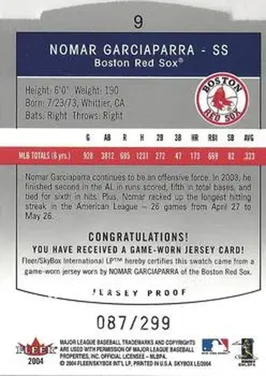 2004 SkyBox LE - Jersey Proof #9 - Nomar Garciaparra - Boston Red Sox - Back