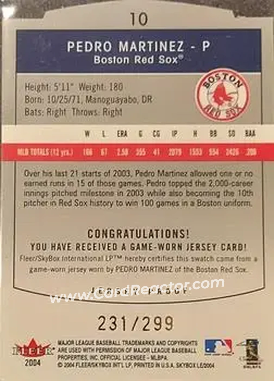 2004 SkyBox LE - Jersey Proof #10 - Pedro Martinez - Boston Red Sox - Back 2004 SkyBox LE - Jersey Proof #10 - Pedro Martinez - Boston Red Sox - Back