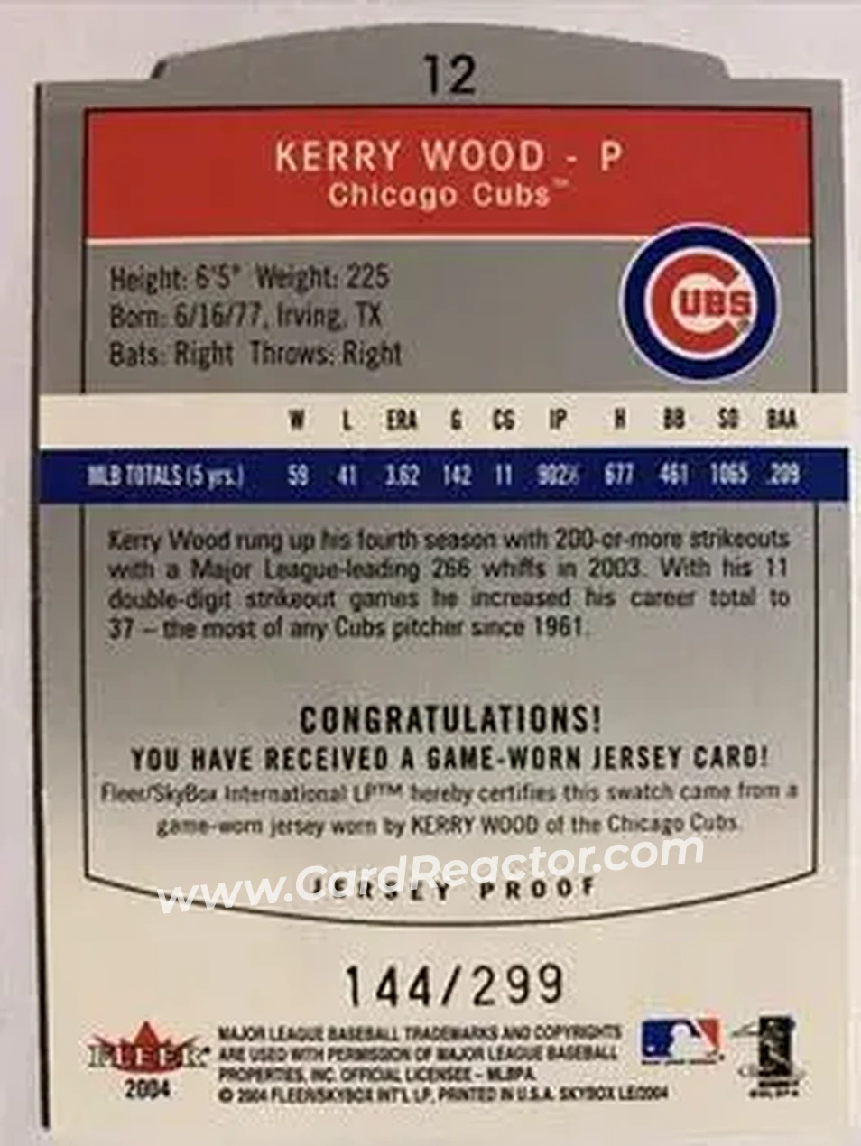 2004 SkyBox LE - Jersey Proof #12 - Kerry Wood - Chicago Cubs - Back