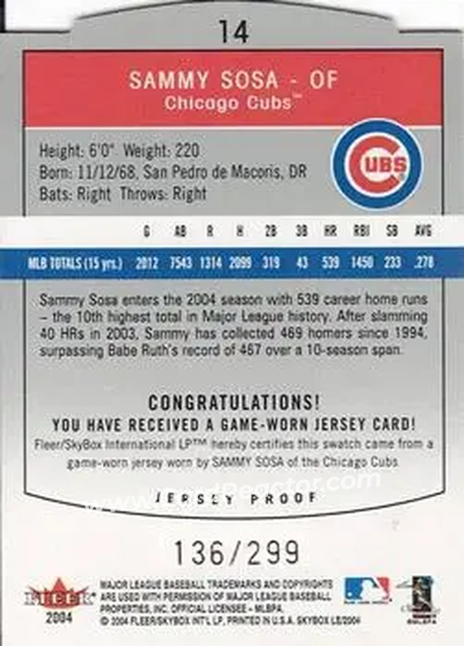 2004 SkyBox LE - Jersey Proof #14 - Sammy Sosa - Chicago Cubs - Back