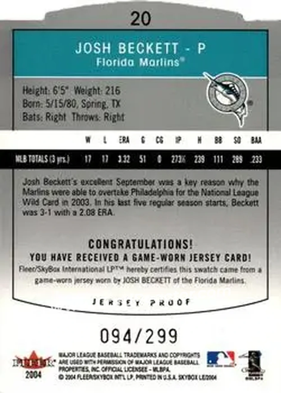 2004 SkyBox LE - Jersey Proof #20 - Josh Beckett - Florida Marlins - Back