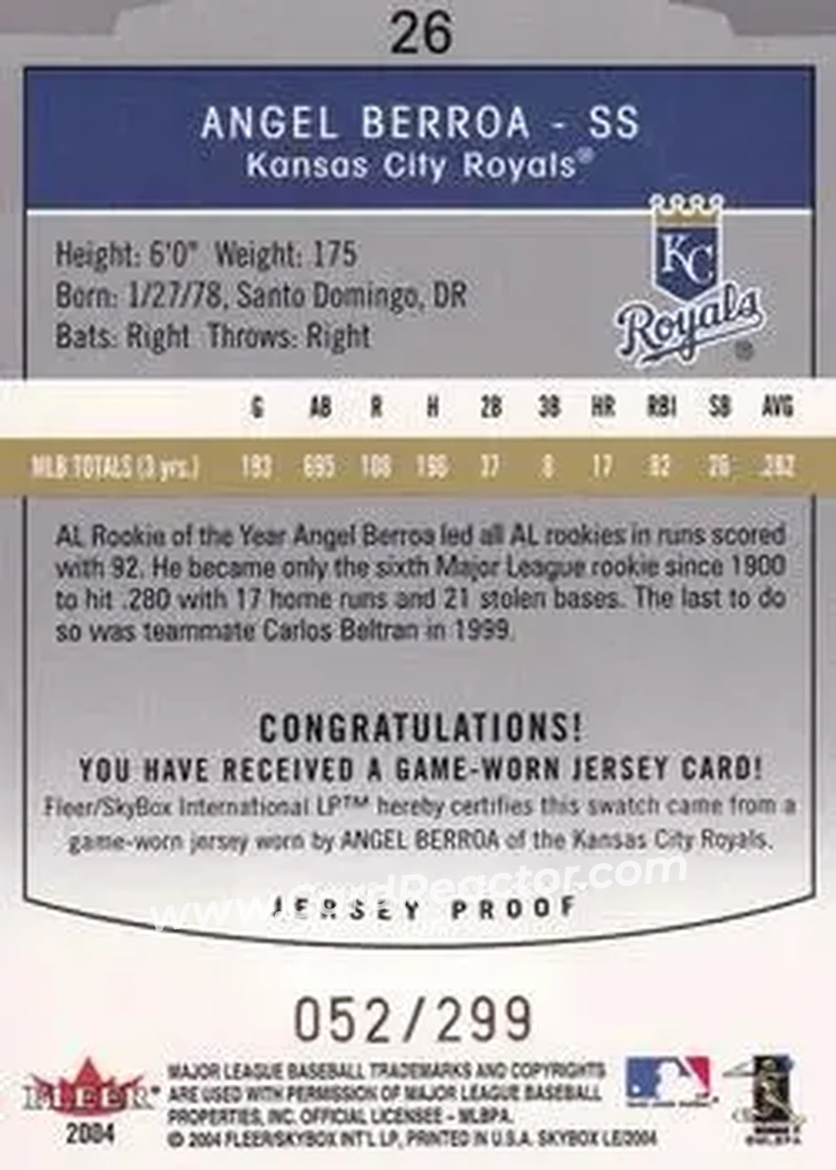 2004 SkyBox LE - Jersey Proof #26 - Angel Berroa - Kansas City Royals - Back
