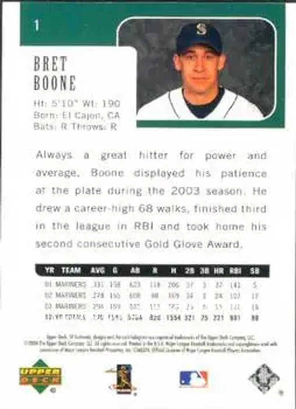2004 SP Authentic #1 - Bret Boone - Seattle Mariners - Back 2004 SP Authentic #1 - Bret Boone - Seattle Mariners - Back