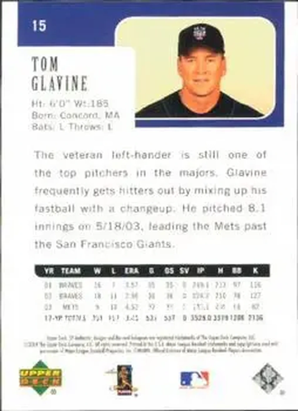 2004 SP Authentic #15 - Tom Glavine - New York Mets - Back