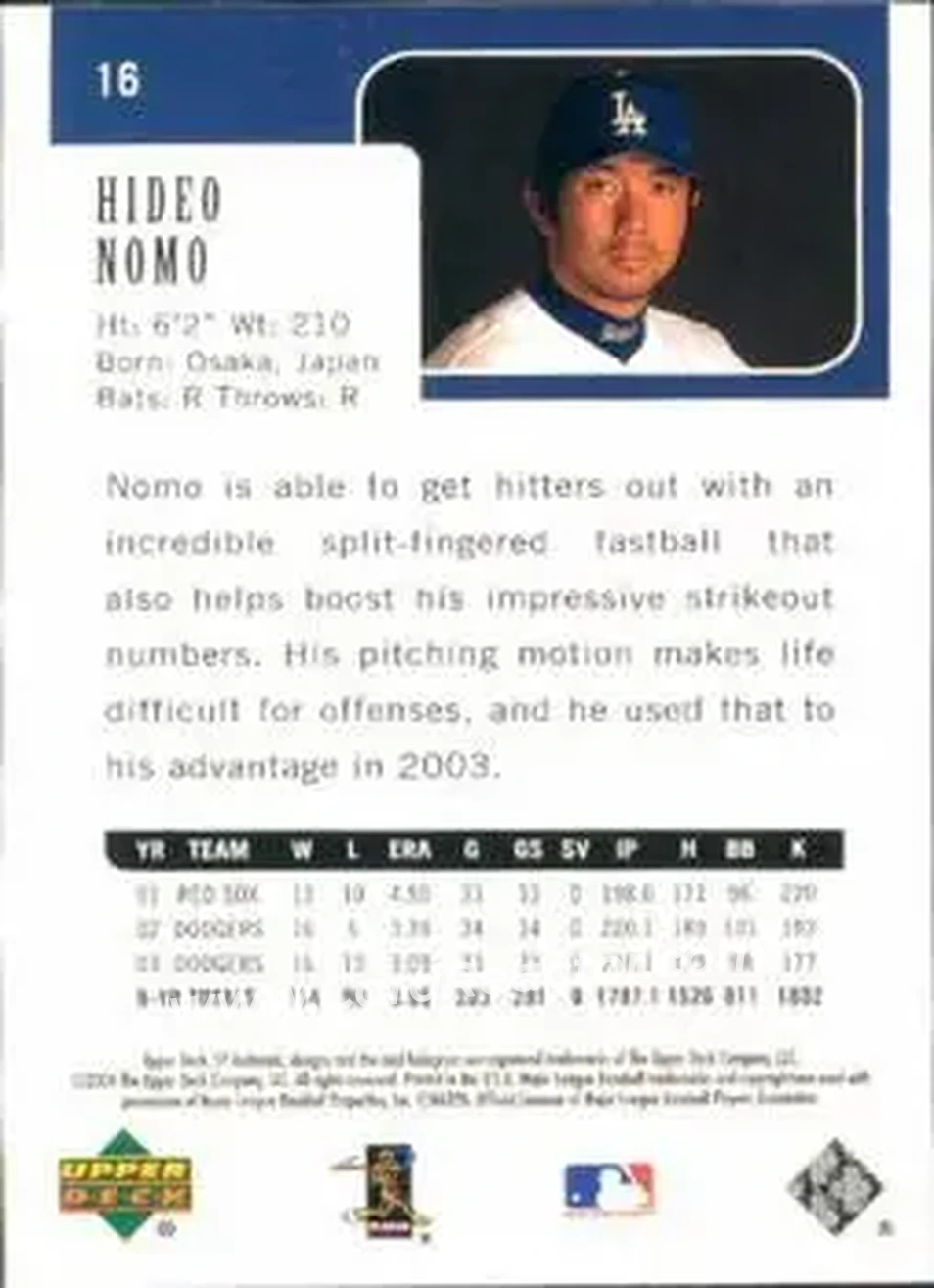 2004 SP Authentic #16 - Hideo Nomo - Los Angeles Dodgers - Back 2004 SP Authentic #16 - Hideo Nomo - Los Angeles Dodgers - Back
