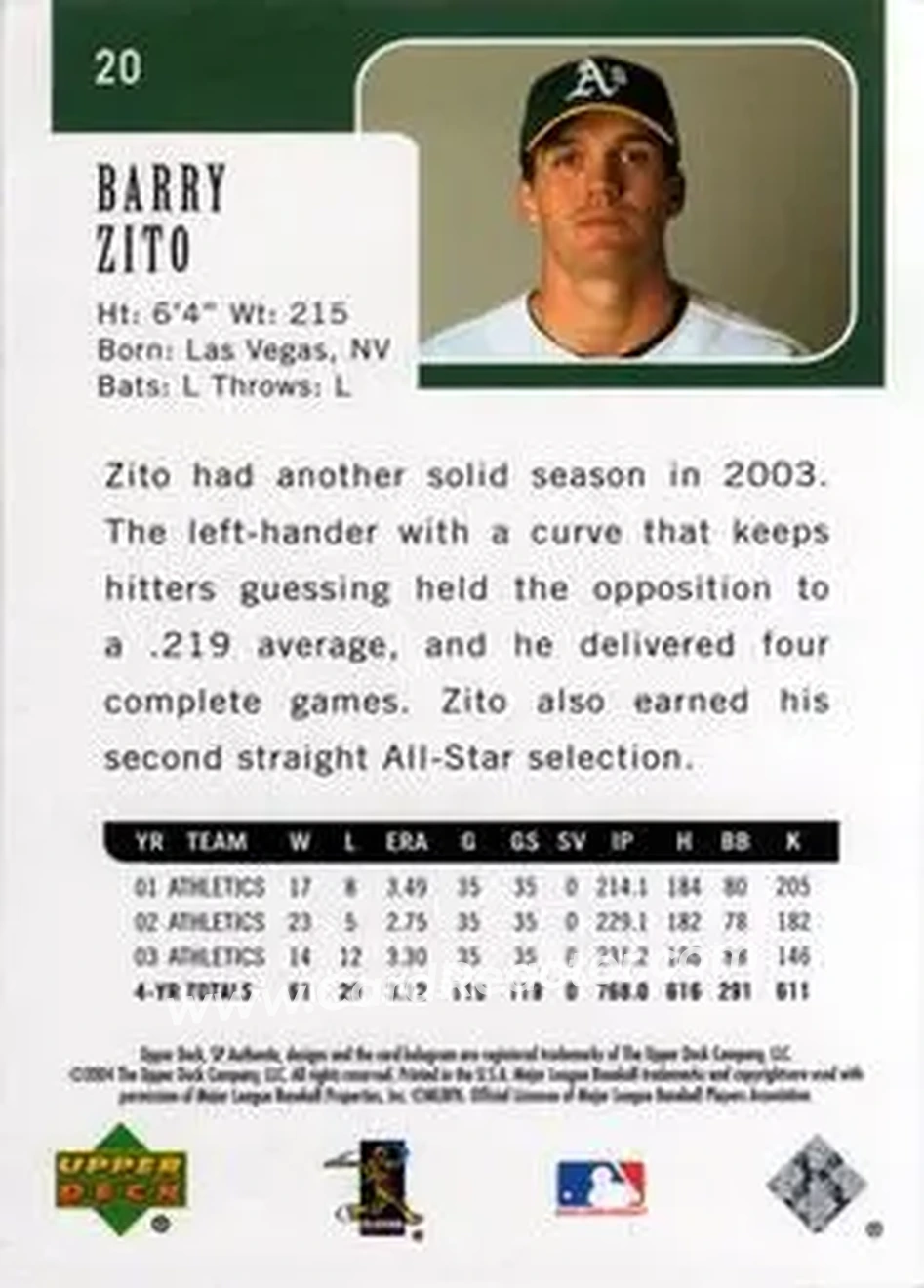 2004 SP Authentic #20 - Barry Zito - Oakland Athletics - Back