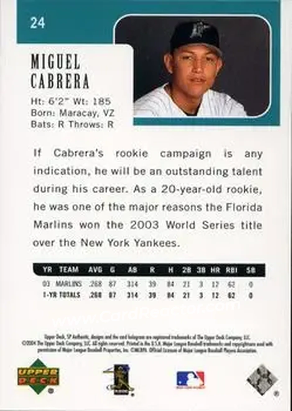 2004 SP Authentic #24 - Miguel Cabrera - Florida Marlins - Back