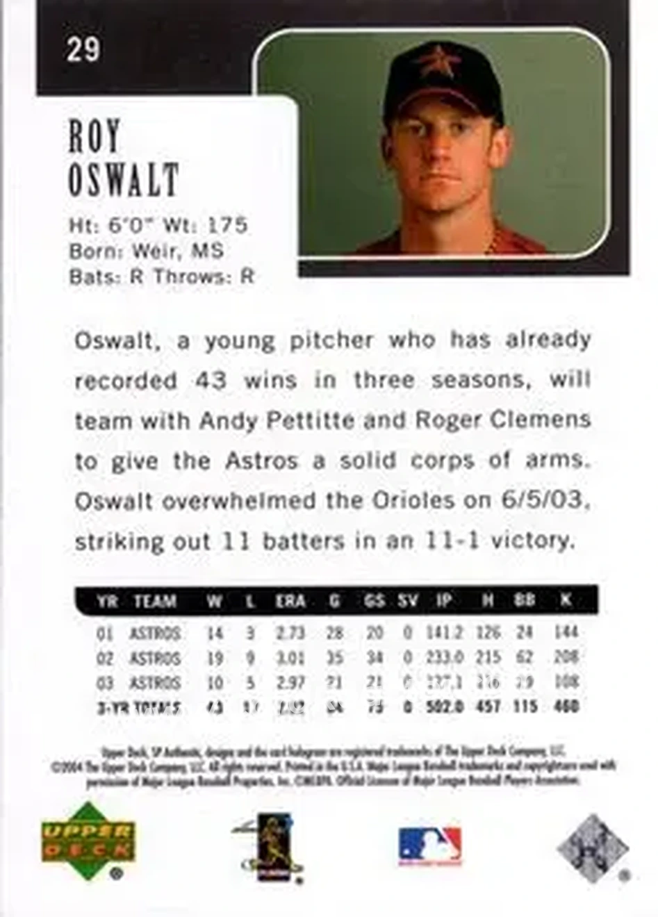 2004 SP Authentic #29 - Roy Oswalt - Houston Astros - Back