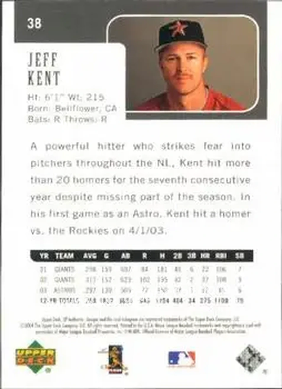 2004 SP Authentic #38 - Jeff Kent - Houston Astros - Back