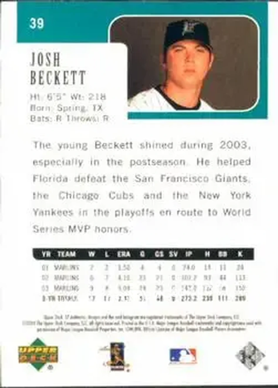2004 SP Authentic #39 - Josh Beckett - Florida Marlins - Back