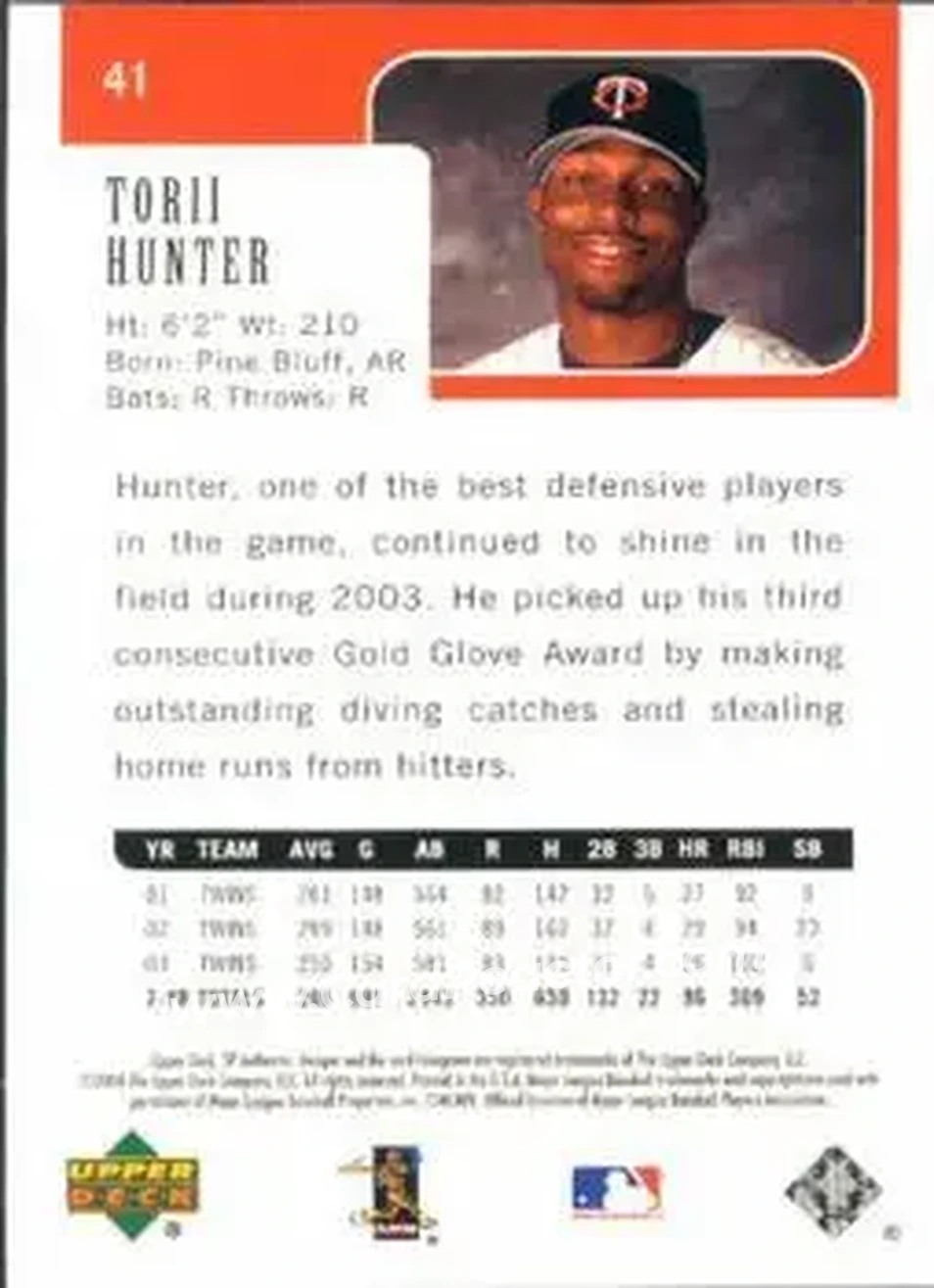 2004 SP Authentic #41 - Torii Hunter - Minnesota Twins - Back