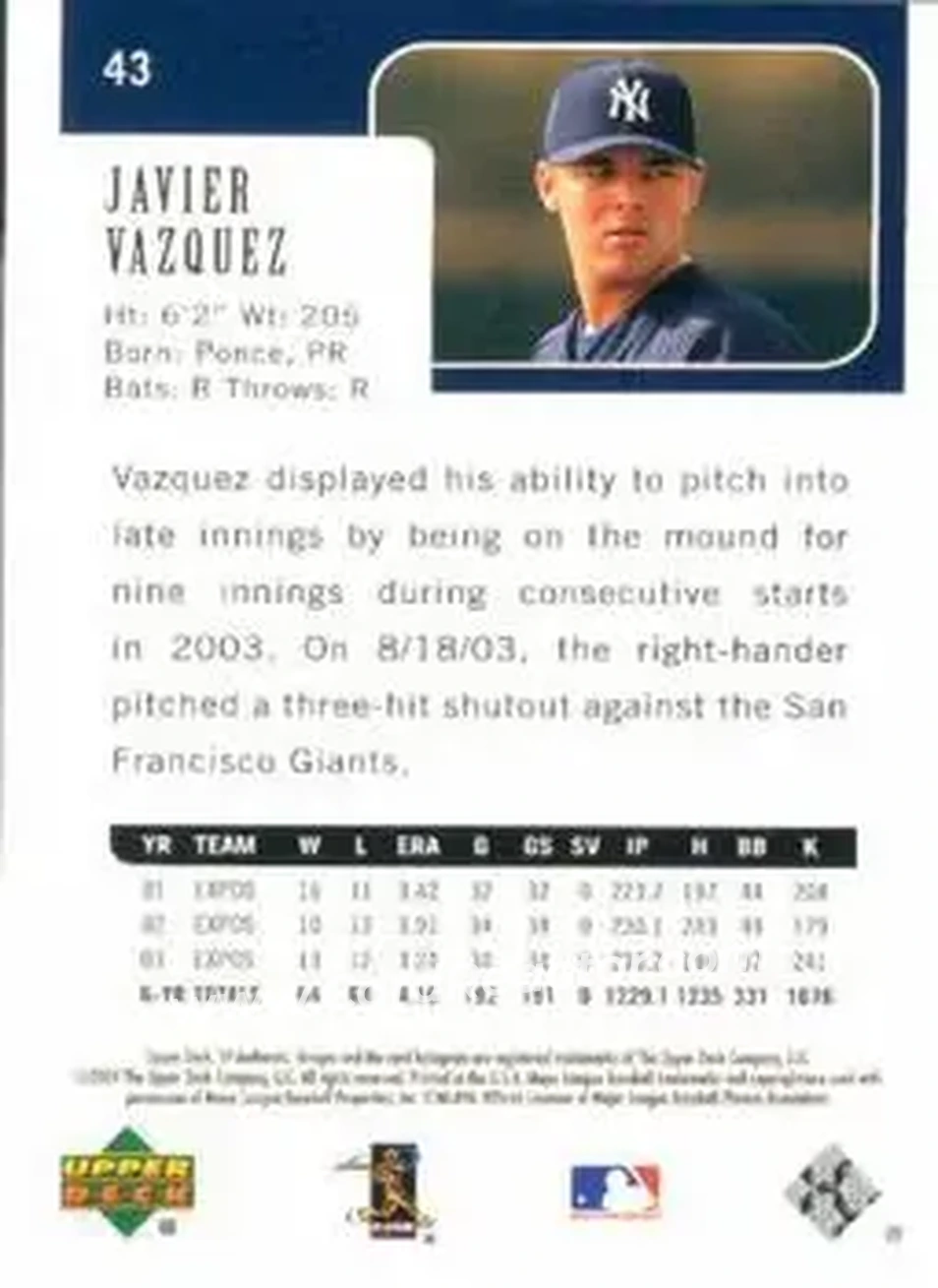 2004 SP Authentic #43 - Javier Vazquez - New York Yankees - Back