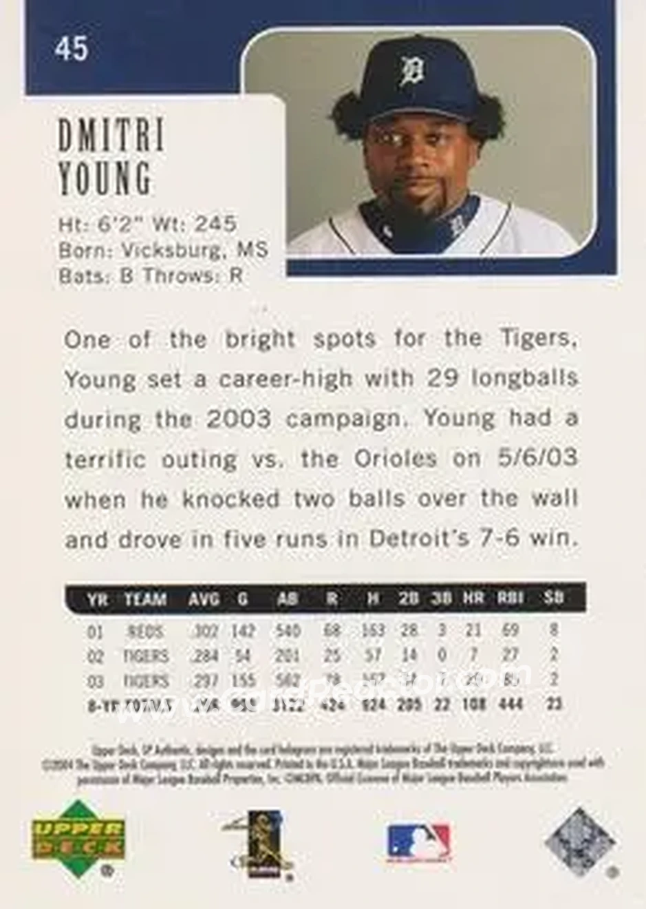 2004 SP Authentic #45 - Dmitri Young - Detroit Tigers - Back