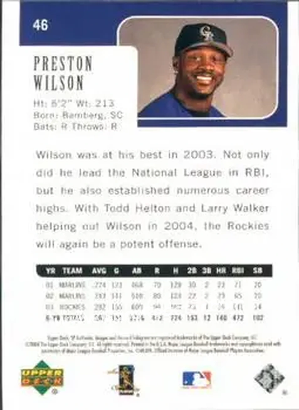 2004 SP Authentic #46 - Preston Wilson - Colorado Rockies - Back