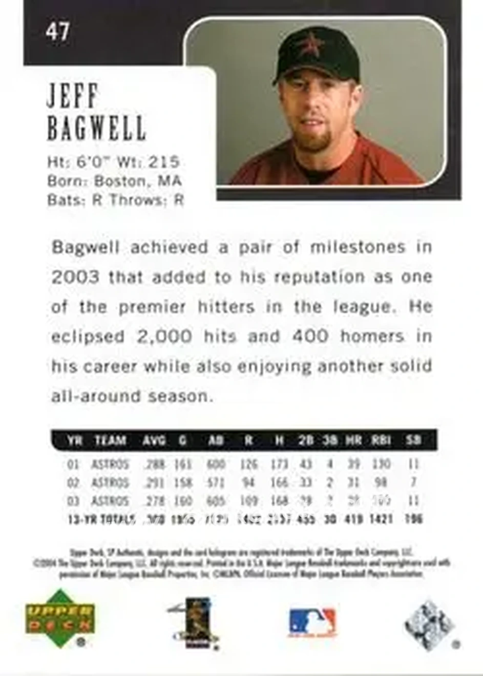 2004 SP Authentic #47 - Jeff Bagwell - Houston Astros - Back