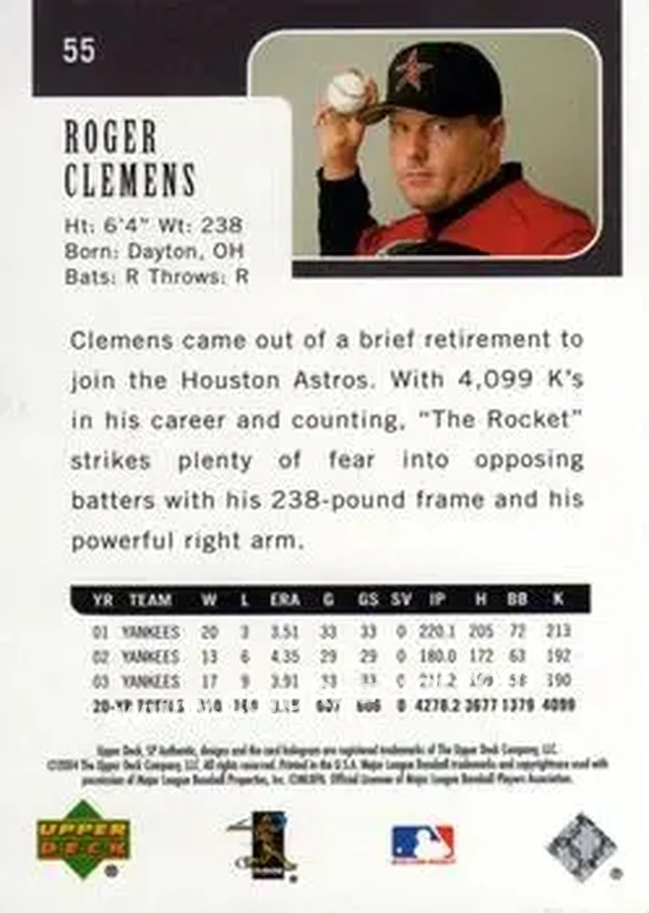 2004 SP Authentic #55 - Roger Clemens - Houston Astros - Back