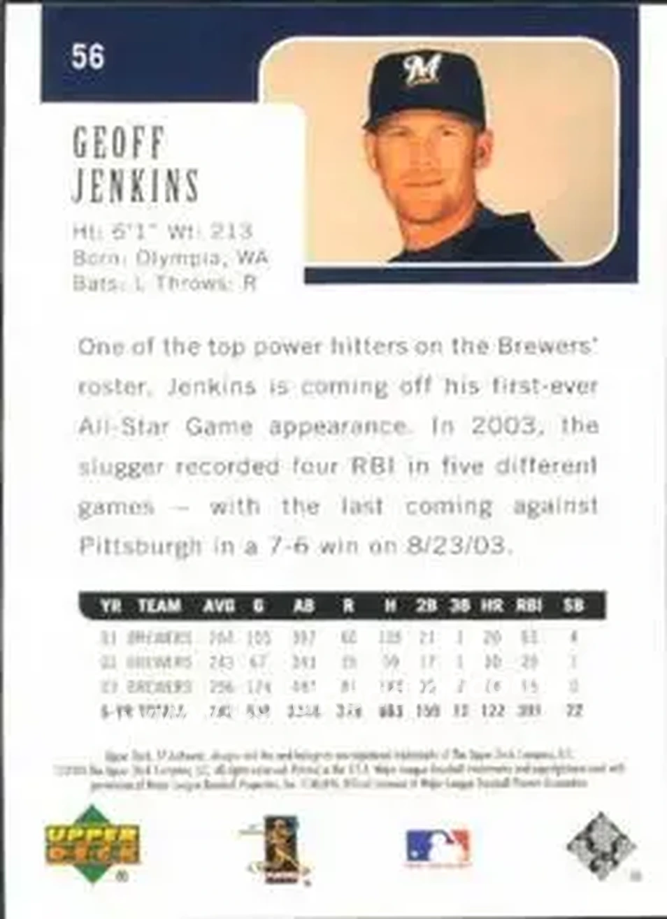 2004 SP Authentic #56 - Geoff Jenkins - Milwaukee Brewers - Back