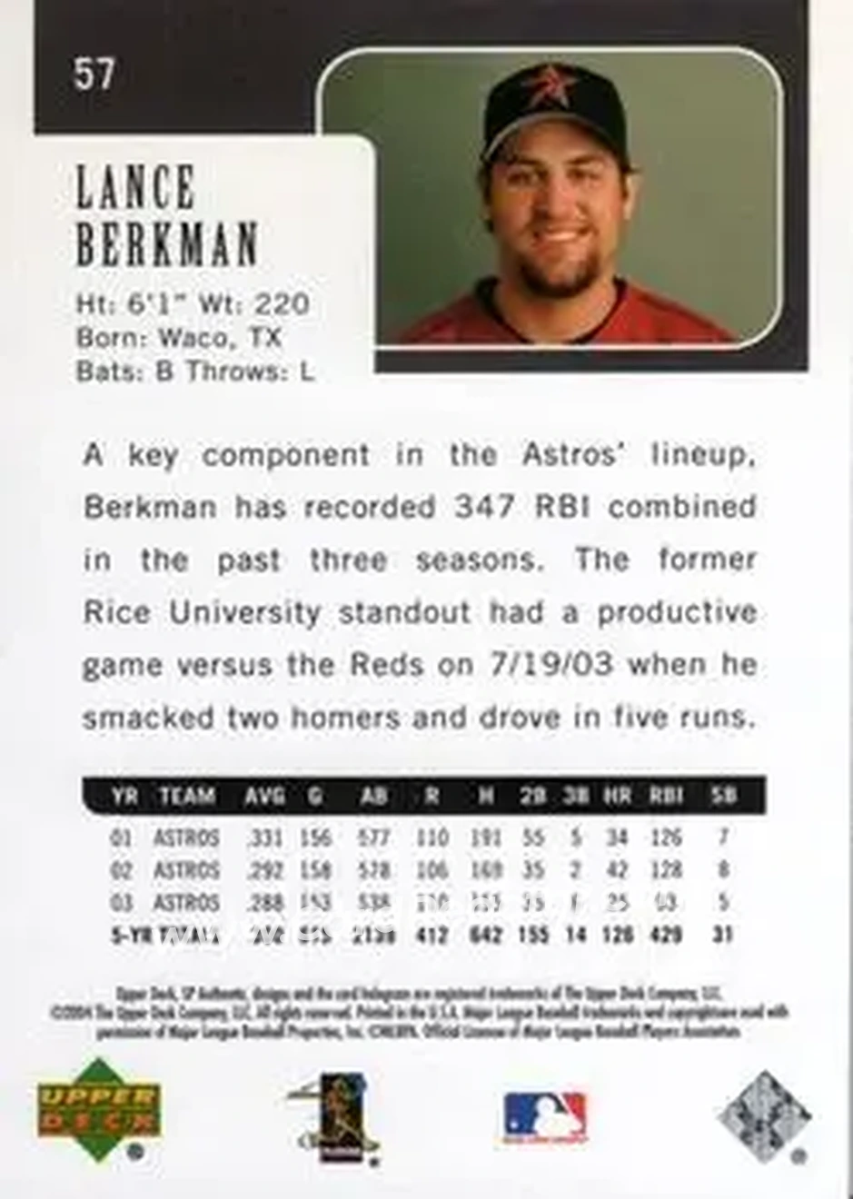 2004 SP Authentic #57 - Lance Berkman - Houston Astros - Back