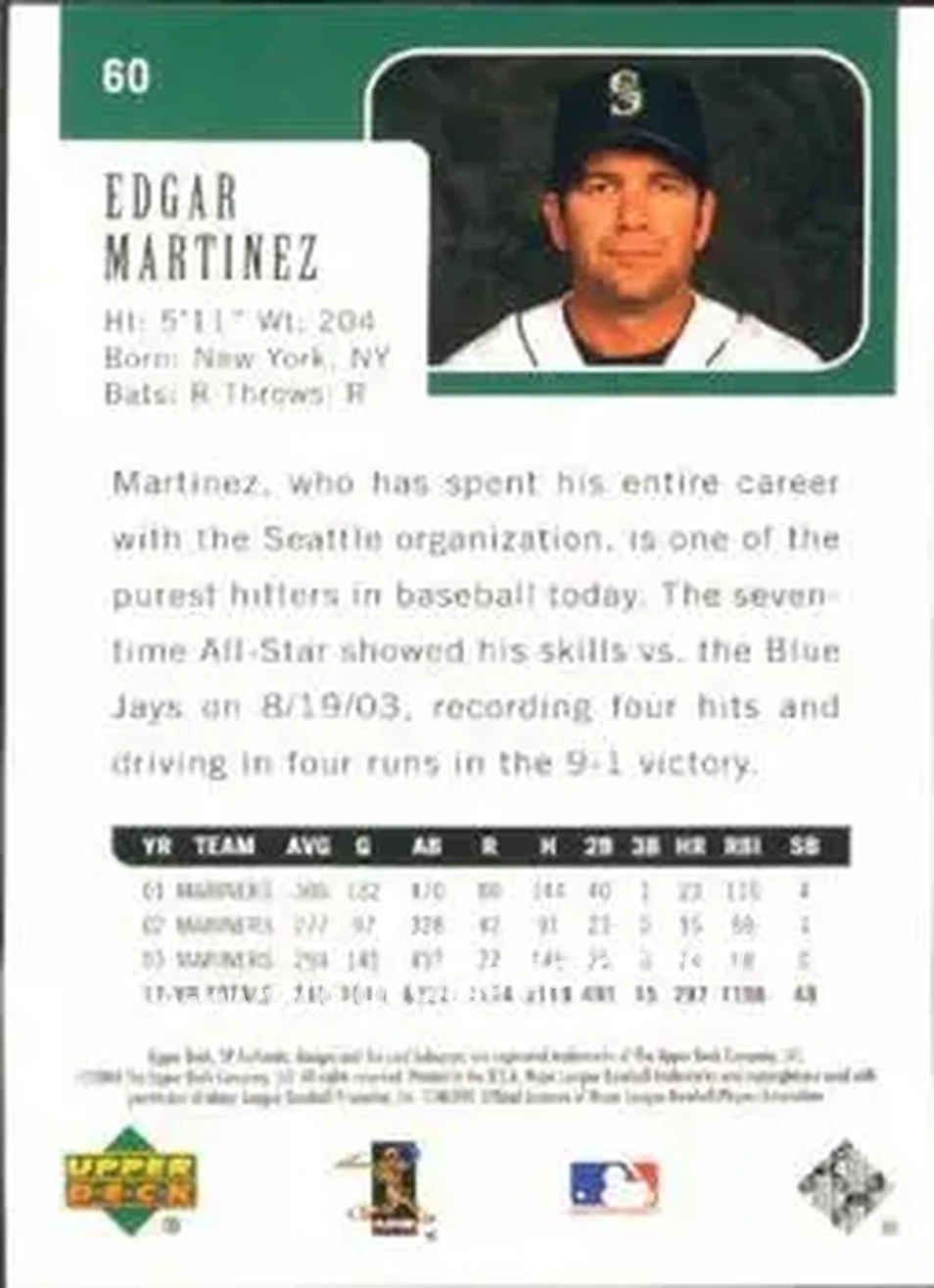 2004 SP Authentic #60 - Edgar Martinez - Seattle Mariners - Back