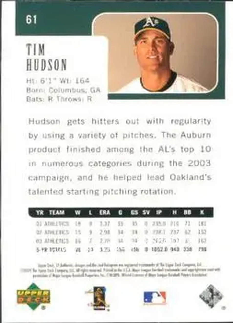 2004 SP Authentic #61 - Tim Hudson - Oakland Athletics - Back