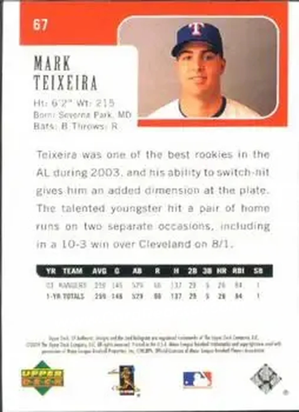 2004 SP Authentic #67 - Mark Teixeira - Texas Rangers - Back