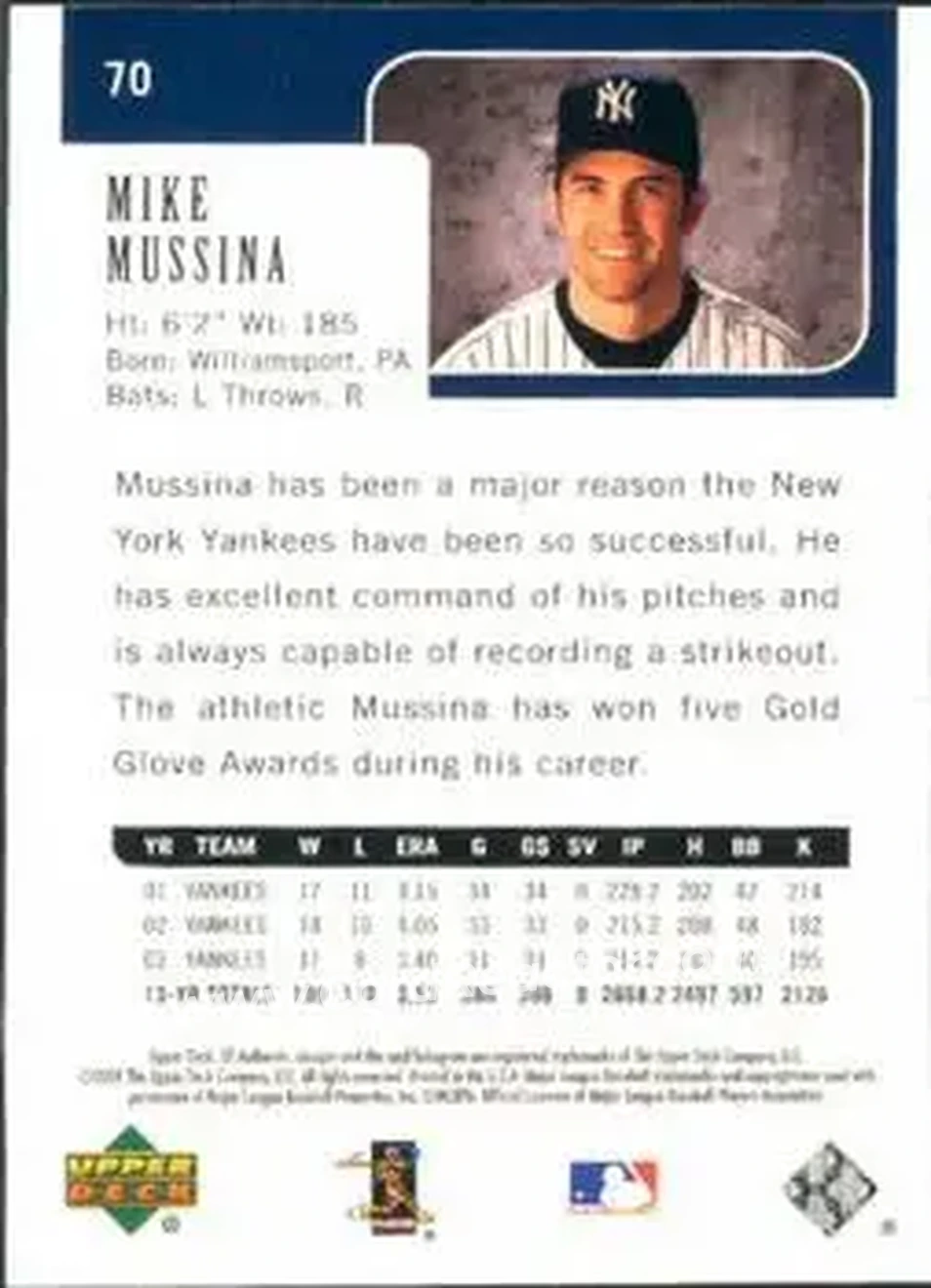 2004 SP Authentic #70 - Mike Mussina - New York Yankees - Back