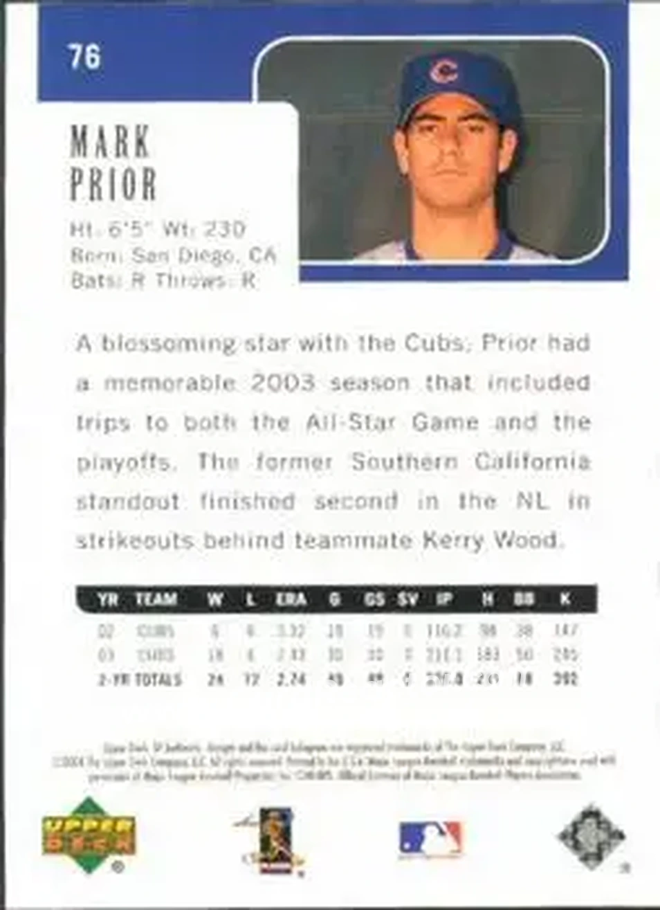 2004 SP Authentic #76 - Mark Prior - Chicago Cubs - Back