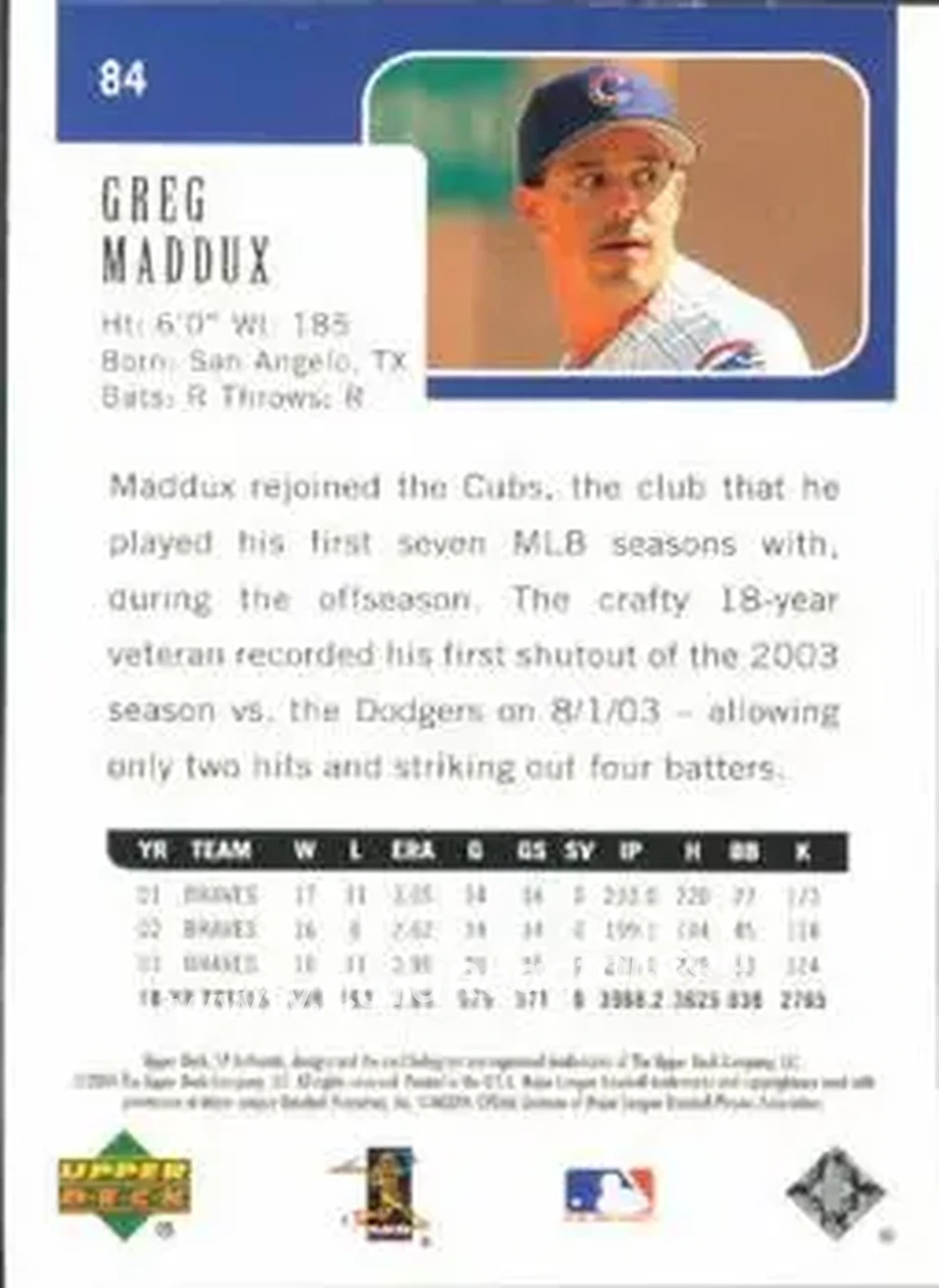 2004 SP Authentic #84 - Greg Maddux - Chicago Cubs - Back