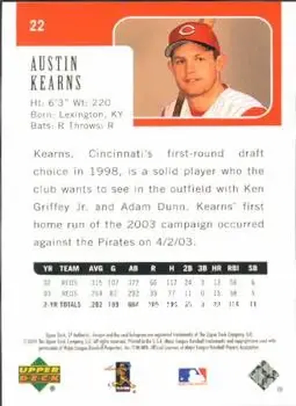 2004 SP Authentic #22 - Austin Kearns - Cincinnati Reds - Back