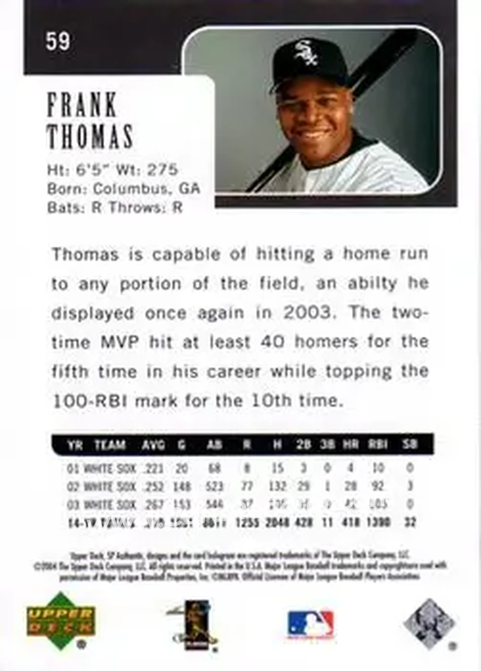 2004 SP Authentic #59 - Frank Thomas - Chicago White Sox - Back