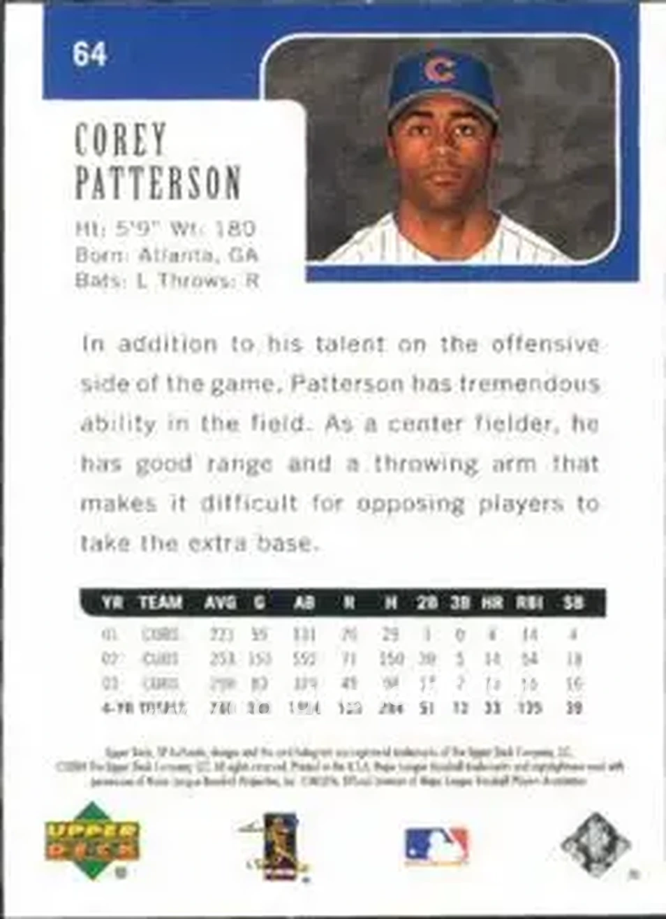 2004 SP Authentic #64 - Corey Patterson - Chicago Cubs - Back 2004 SP Authentic #64 - Corey Patterson - Chicago Cubs - Back