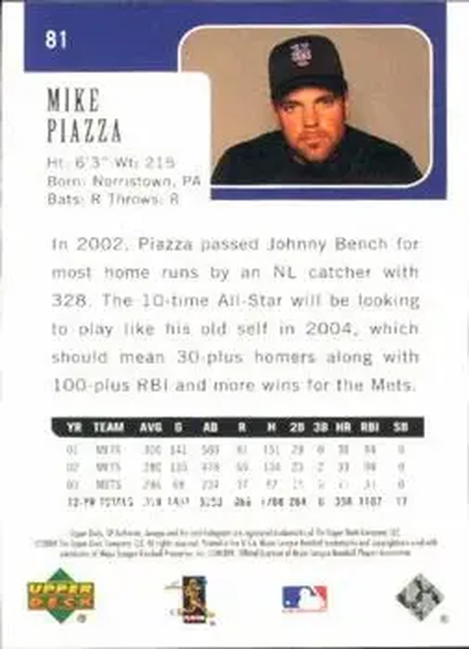 2004 SP Authentic #81 - Mike Piazza - New York Mets - Back