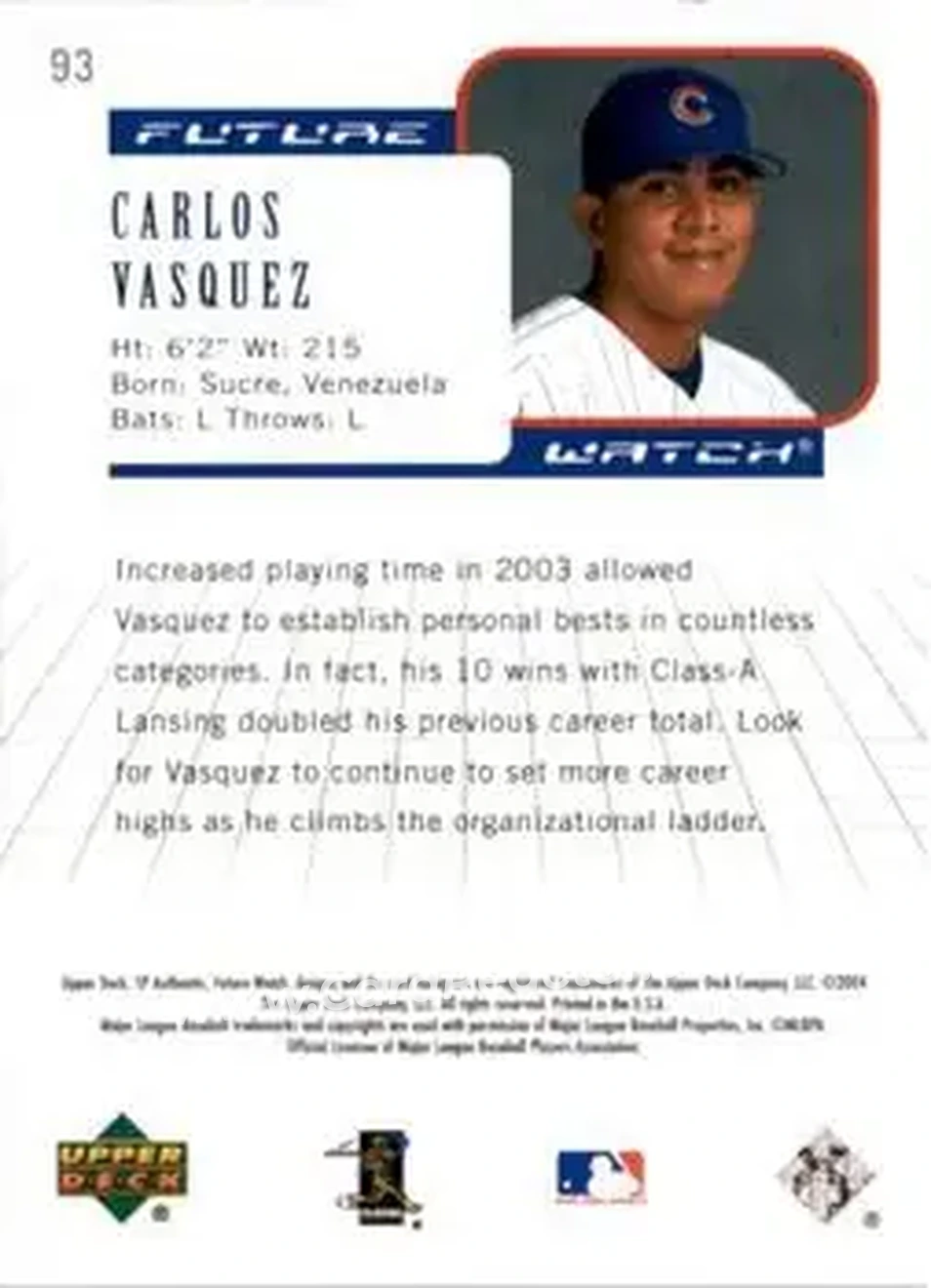 2004 SP Authentic #93 - Carlos Vasquez - Chicago Cubs - Back