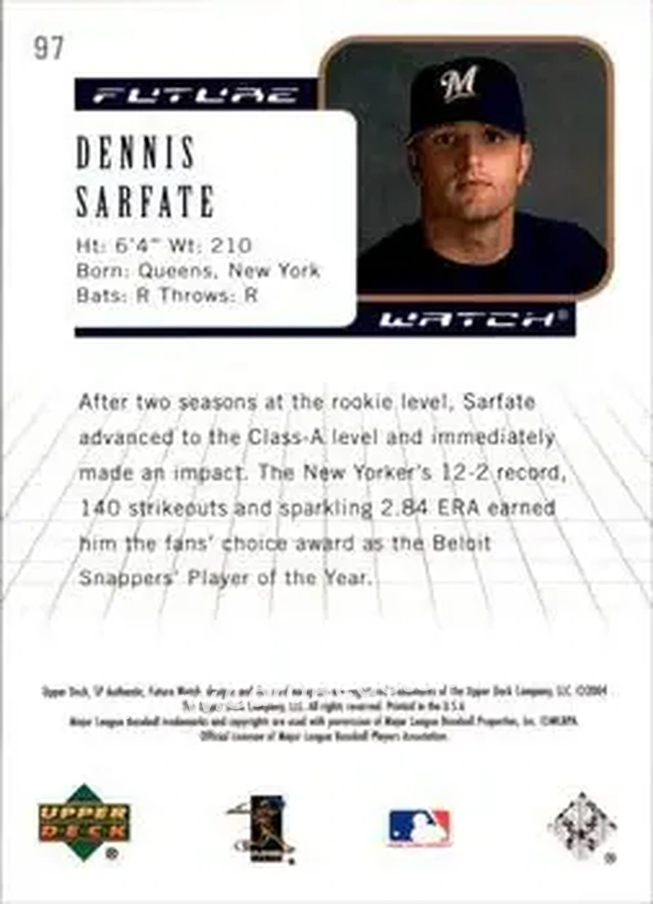 2004 SP Authentic #97 - Dennis Sarfate - Milwaukee Brewers - Back 2004 SP Authentic #97 - Dennis Sarfate - Milwaukee Brewers - Back