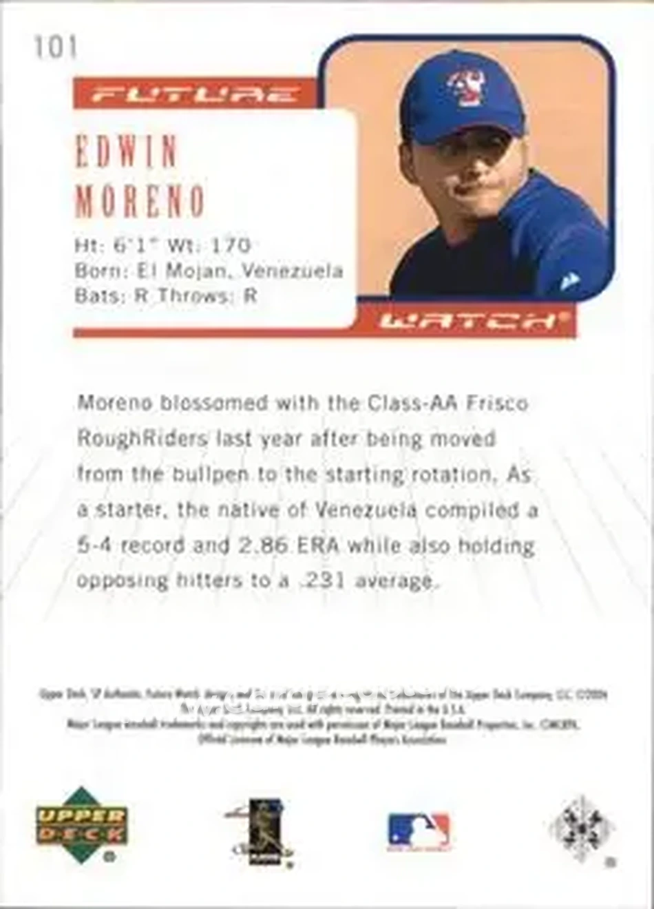 2004 SP Authentic #101 - Edwin Moreno - Texas Rangers - Back