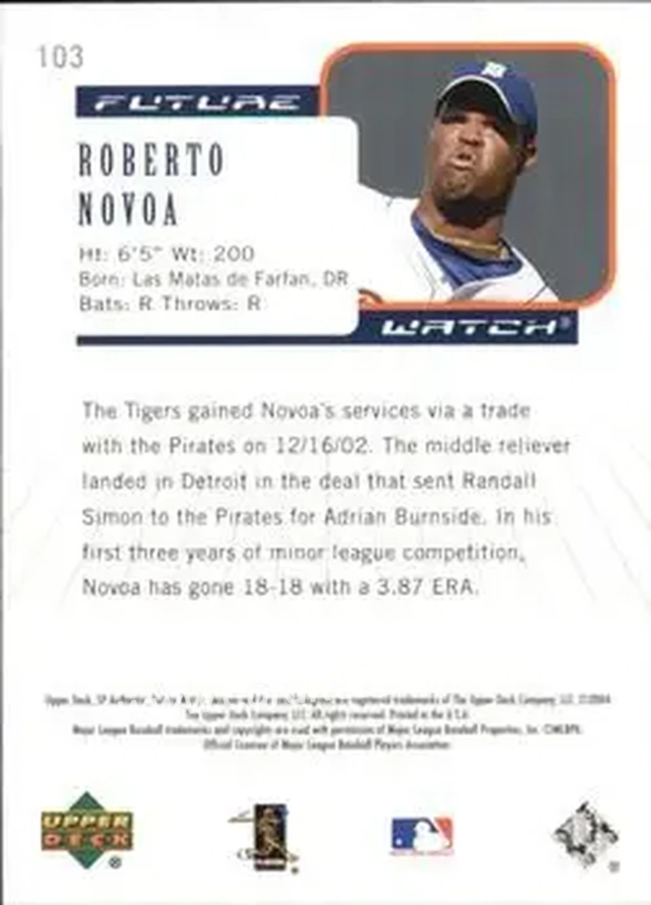 2004 SP Authentic #103 - Roberto Novoa - Detroit Tigers - Back