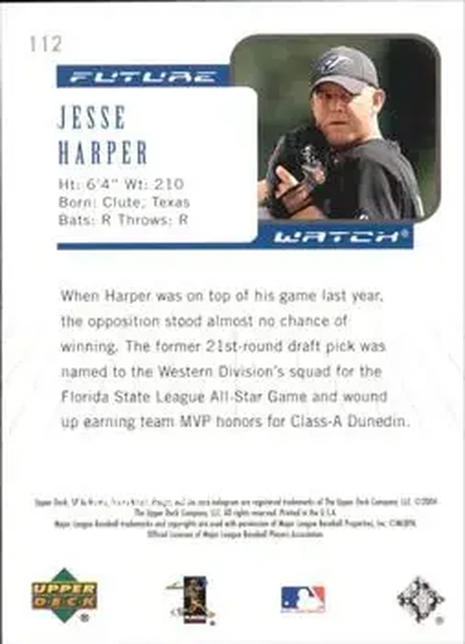 2004 SP Authentic #112 - Jesse Harper - Toronto Blue Jays - Back 2004 SP Authentic #112 - Jesse Harper - Toronto Blue Jays - Back