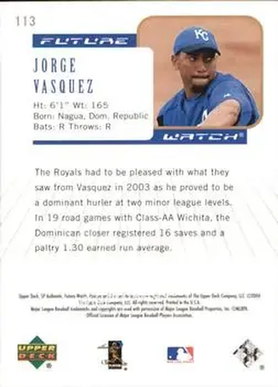2004 SP Authentic #113 - Jorge Vasquez - Kansas City Royals - Back
