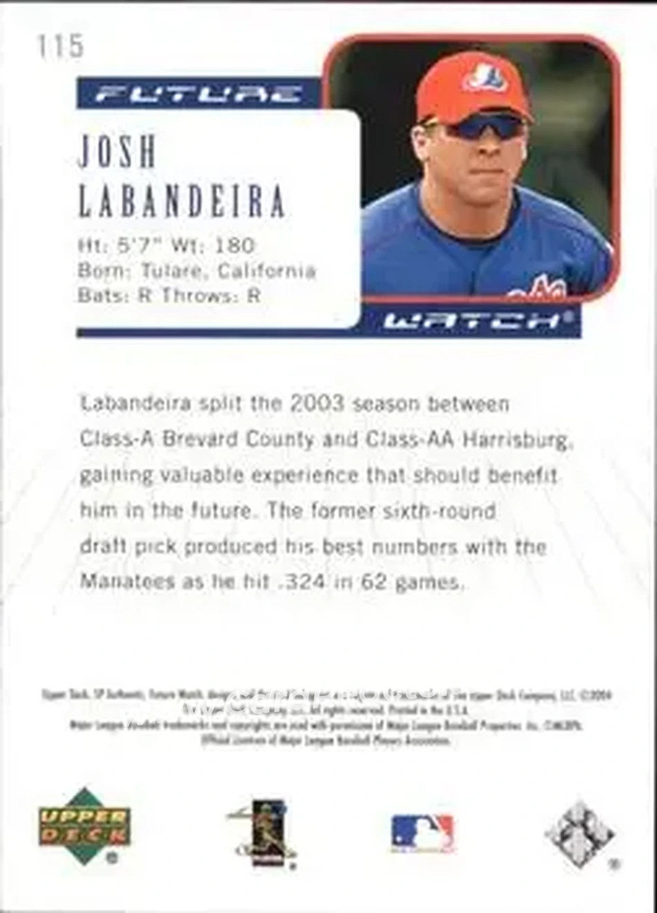 2004 SP Authentic #115 - Josh Labandeira - Montreal Expos - Back 2004 SP Authentic #115 - Josh Labandeira - Montreal Expos - Back