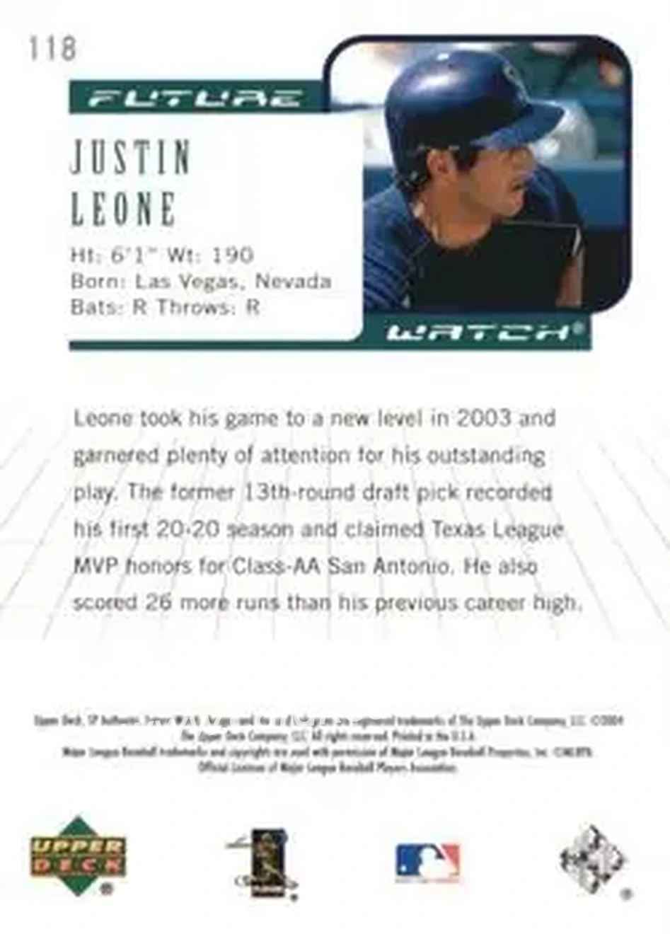 2004 SP Authentic #118 - Justin Leone - Seattle Mariners - Back