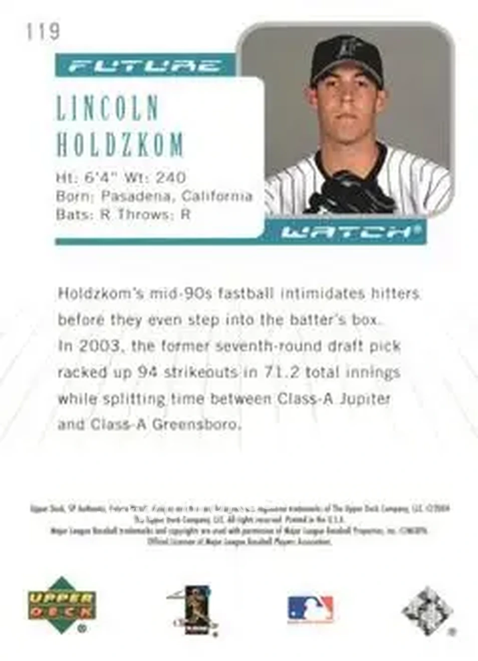 2004 SP Authentic #119 - Lincoln Holdzkom - Florida Marlins - Back